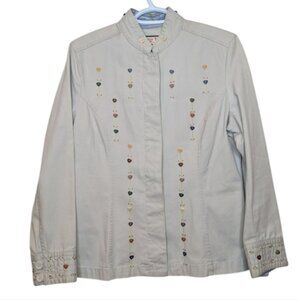 Vintage Jamaica Bay Heart Button Khaki Beige Button Down Jacket Top Womens PM